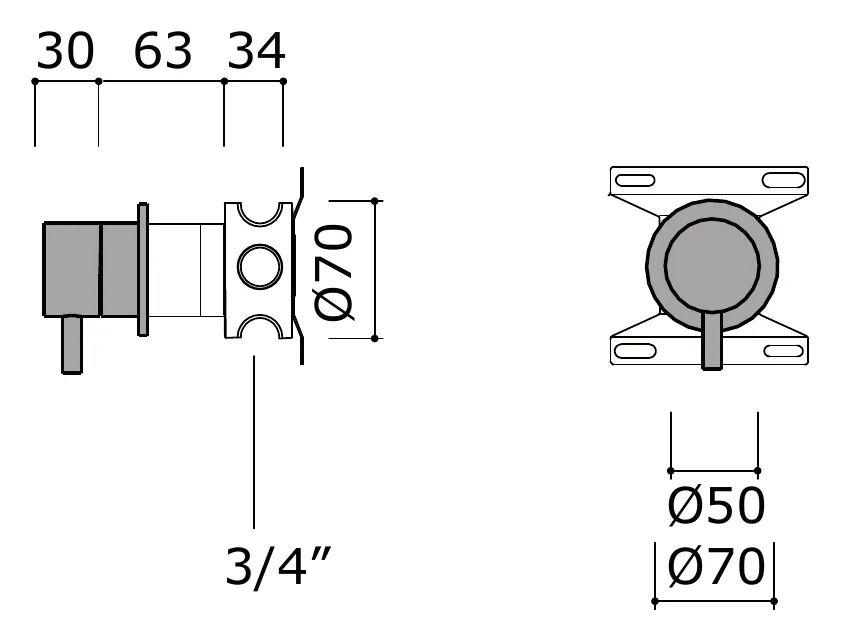 Three Quarter Inch Wall Shut-Off Valve for Service Points technical drawing with dimensions