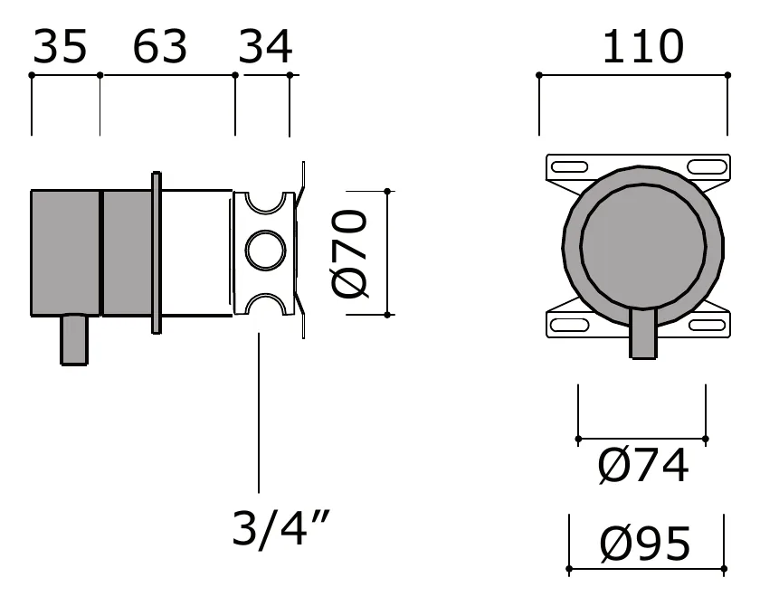 Three Quarter Inch Wall Mounted Shut Off Valve technical drawing with dimensions