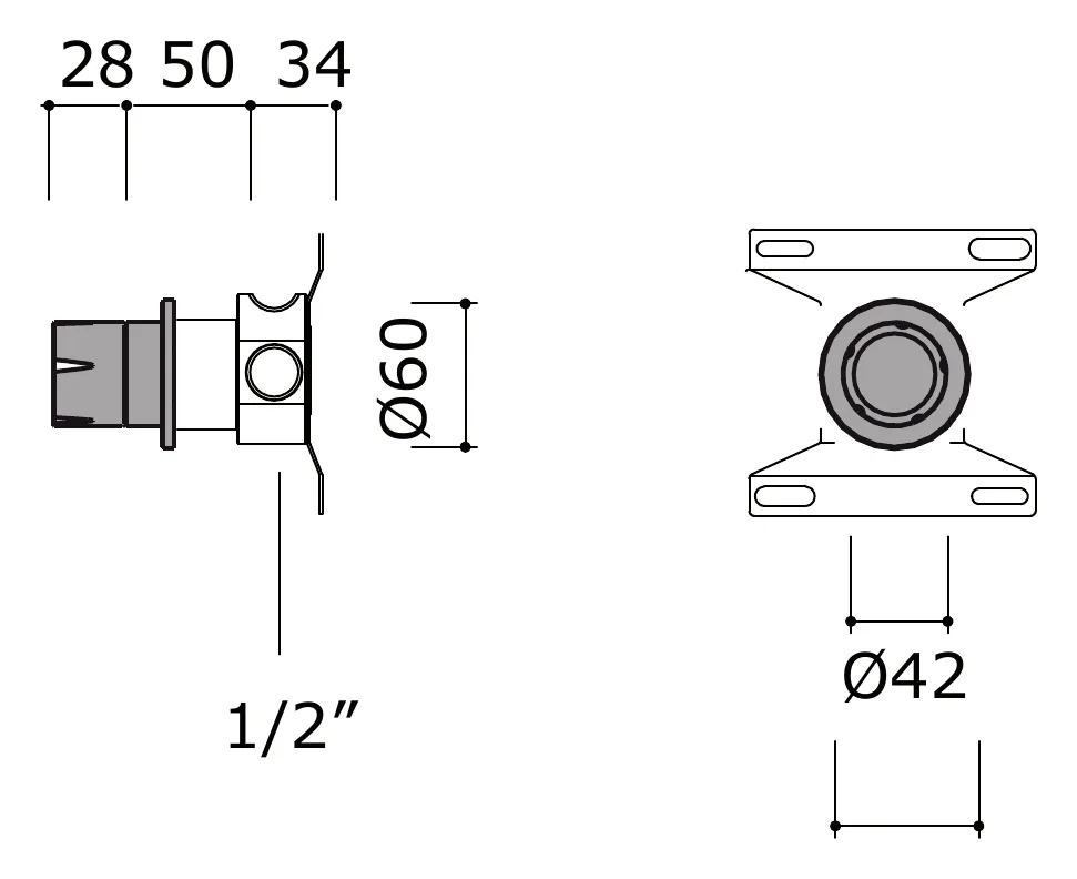 Concealed Wall Mounted Half Inch Shut Off Valve technical drawing with dimensions