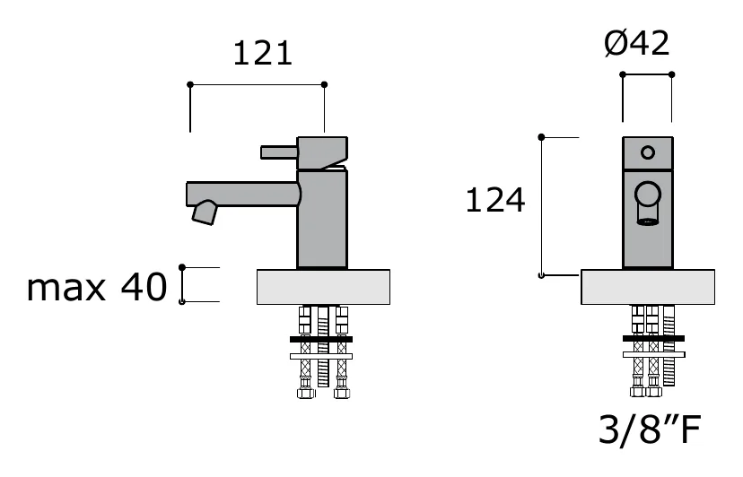 Deck Mounted Basin Mixer Supplied Without Waste technical drawing with dimensions