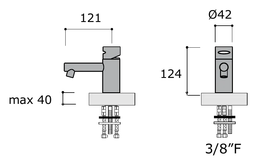 Deck Mounted Mixer, No Waste technical drawing with dimensions
