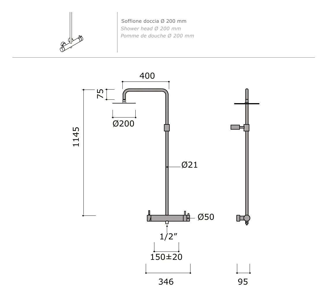 External Shower with One Mixer and One Thermostatic Mixer technical drawing with dimensions