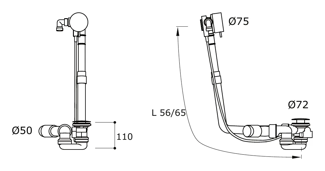 Bath Pop Up Waste With Siphon technical drawing with dimensions