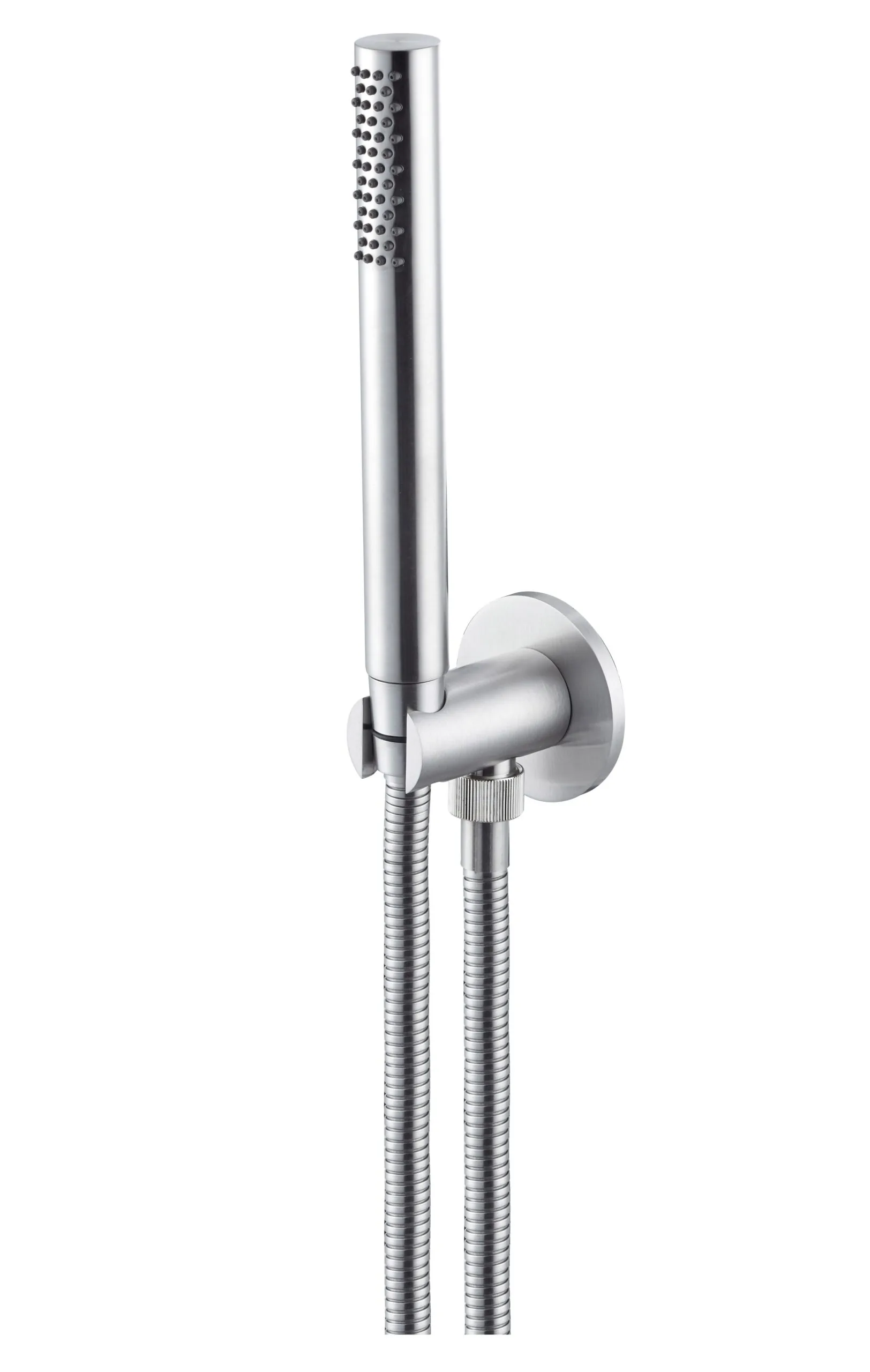 Round water inlet unit with hand shower, support and hose in stainless steel