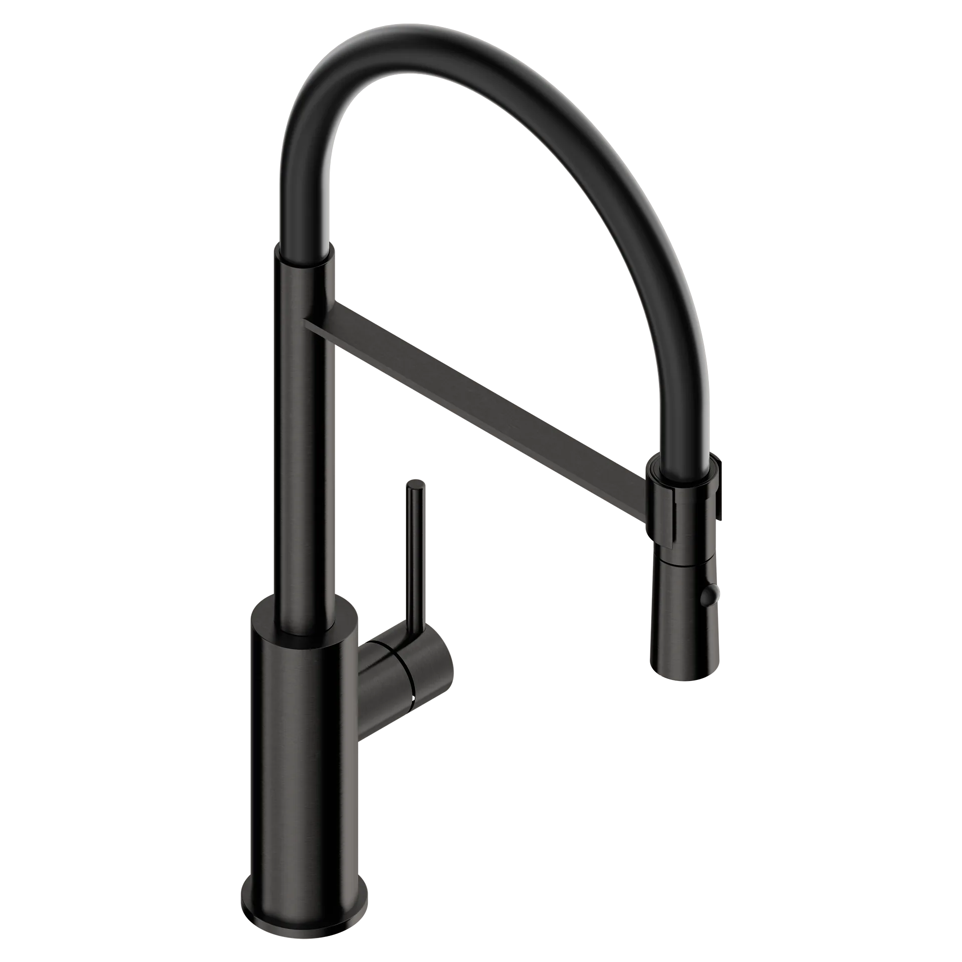 Kitchen mixer tap in 316L stainless steel with black round spout