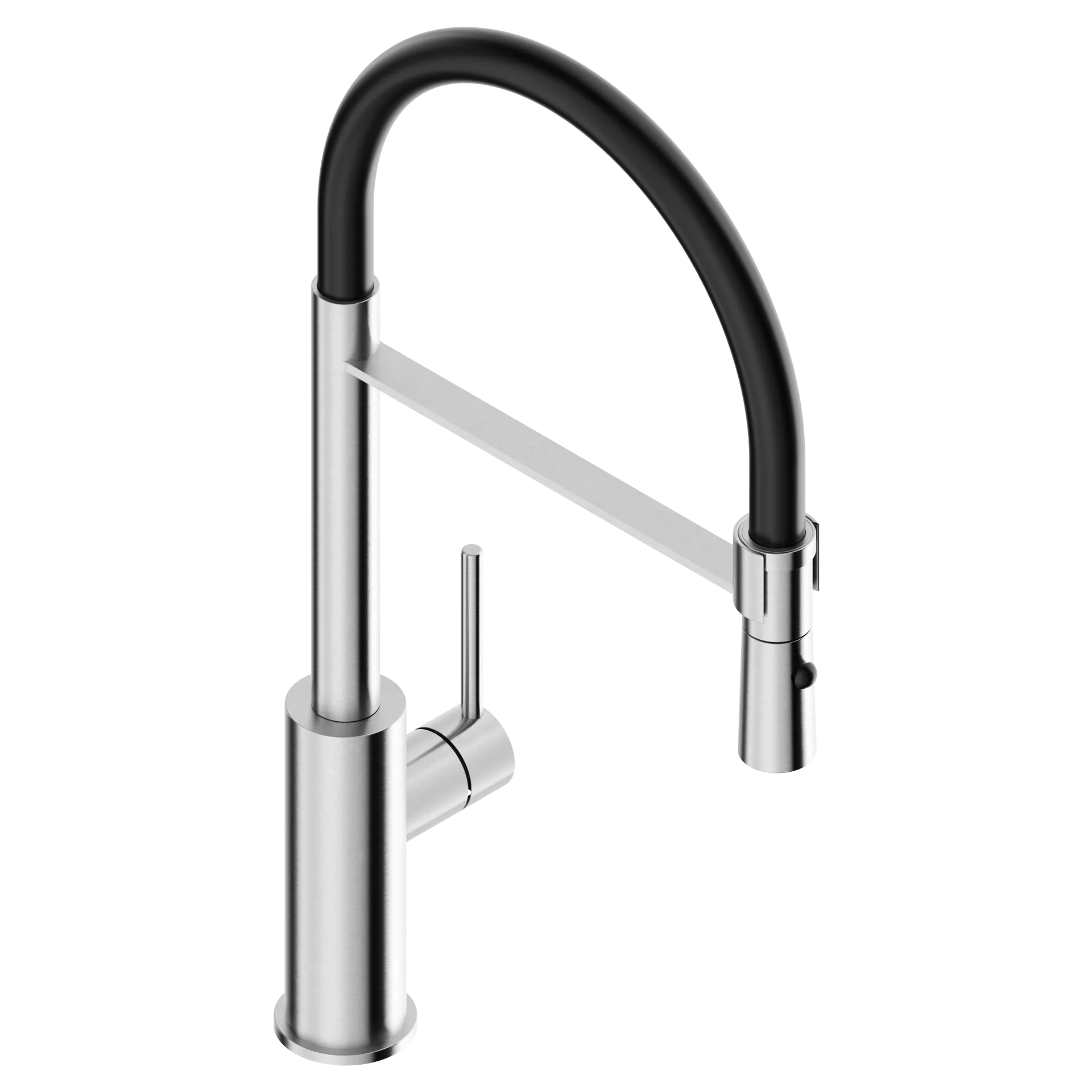 Kitchen mixer tap in 316L stainless steel with black round spout