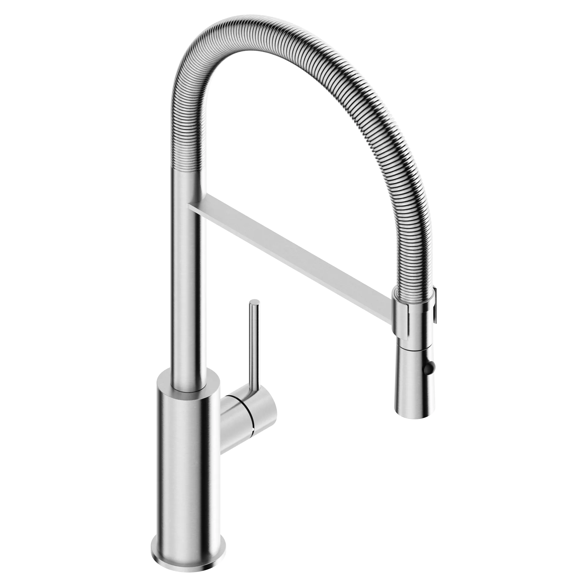 Kitchen mixer tap with spring-coil flexible round spout in 316L stainless steel