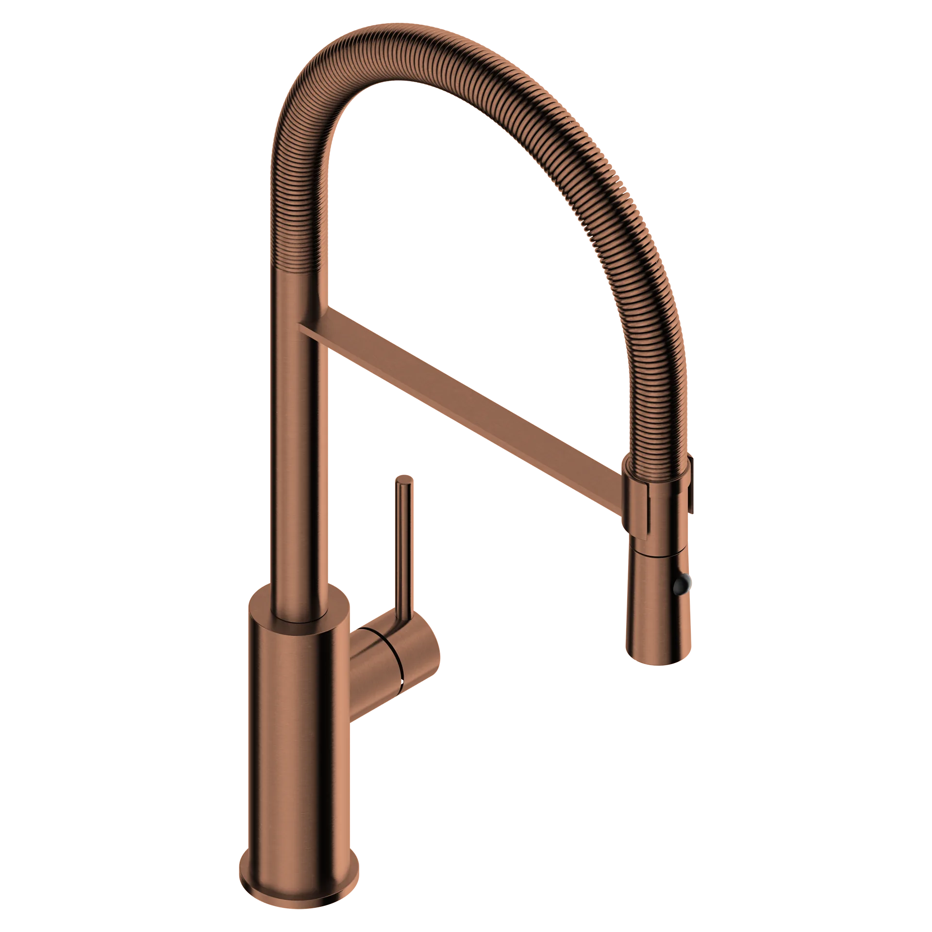 Kitchen mixer tap with spring-coil flexible round spout in 316L stainless steel