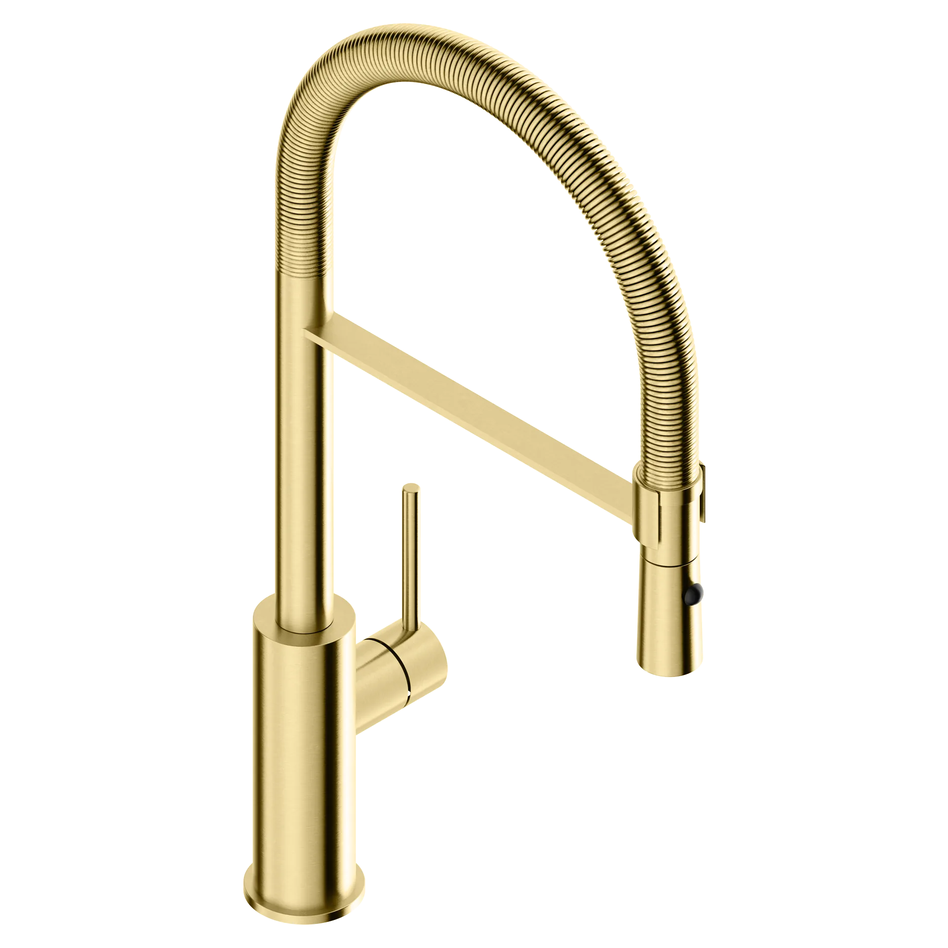 Kitchen mixer tap with spring-coil flexible round spout in 316L stainless steel