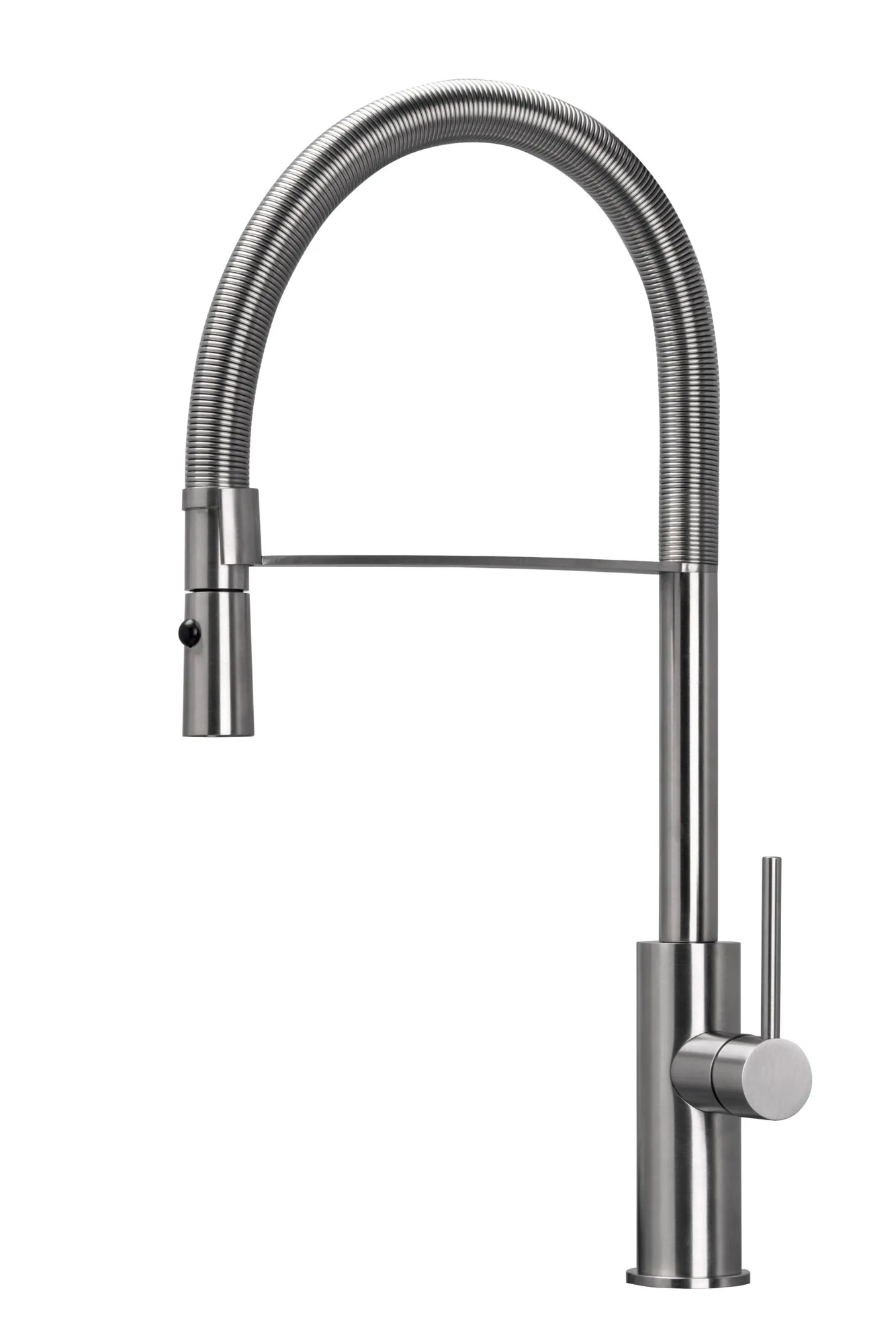 Kitchen mixer tap with spring-coil flexible round spout in 316L stainless steel
