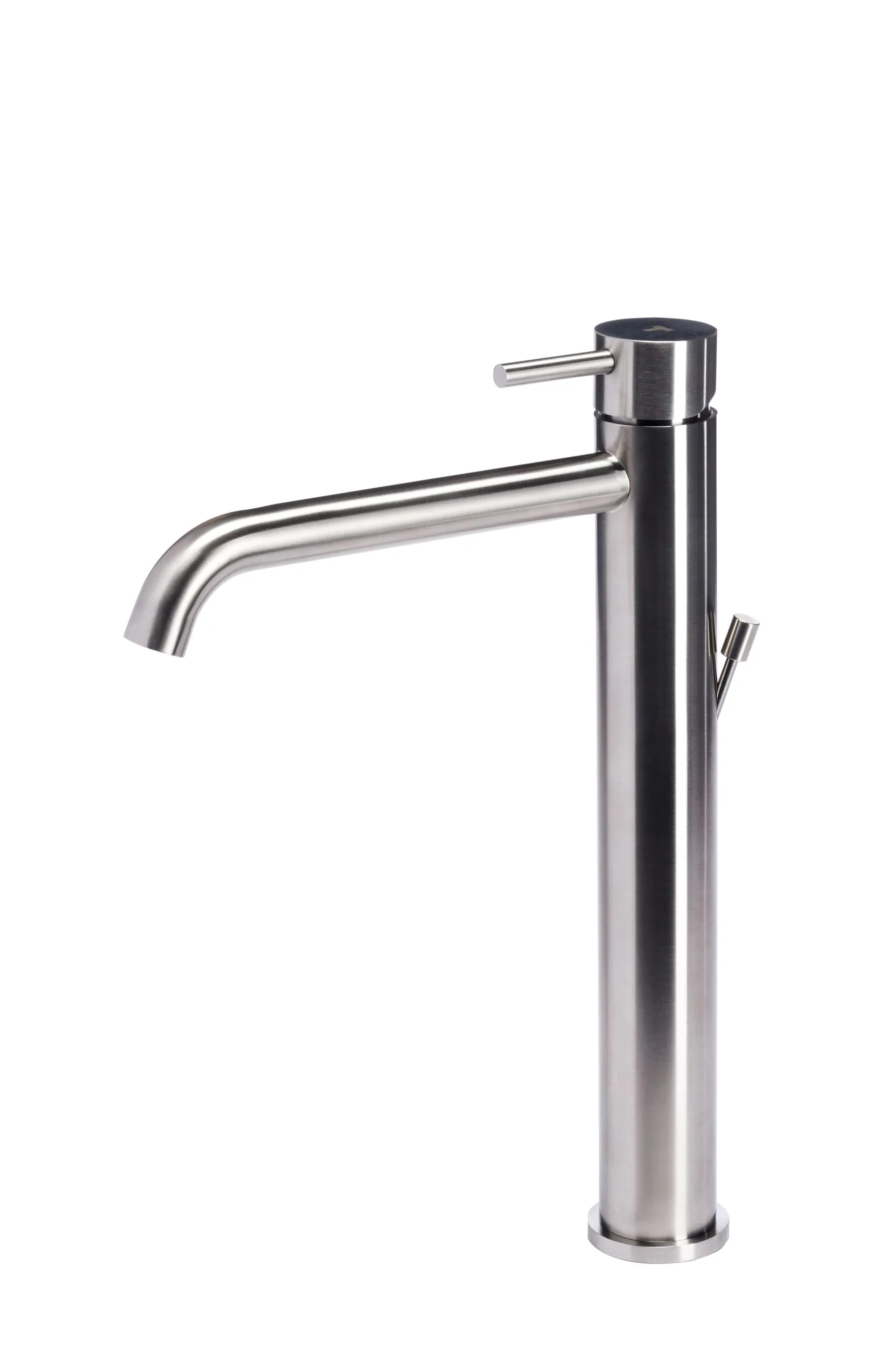 Tall basin mixer with satin stainless steel drain