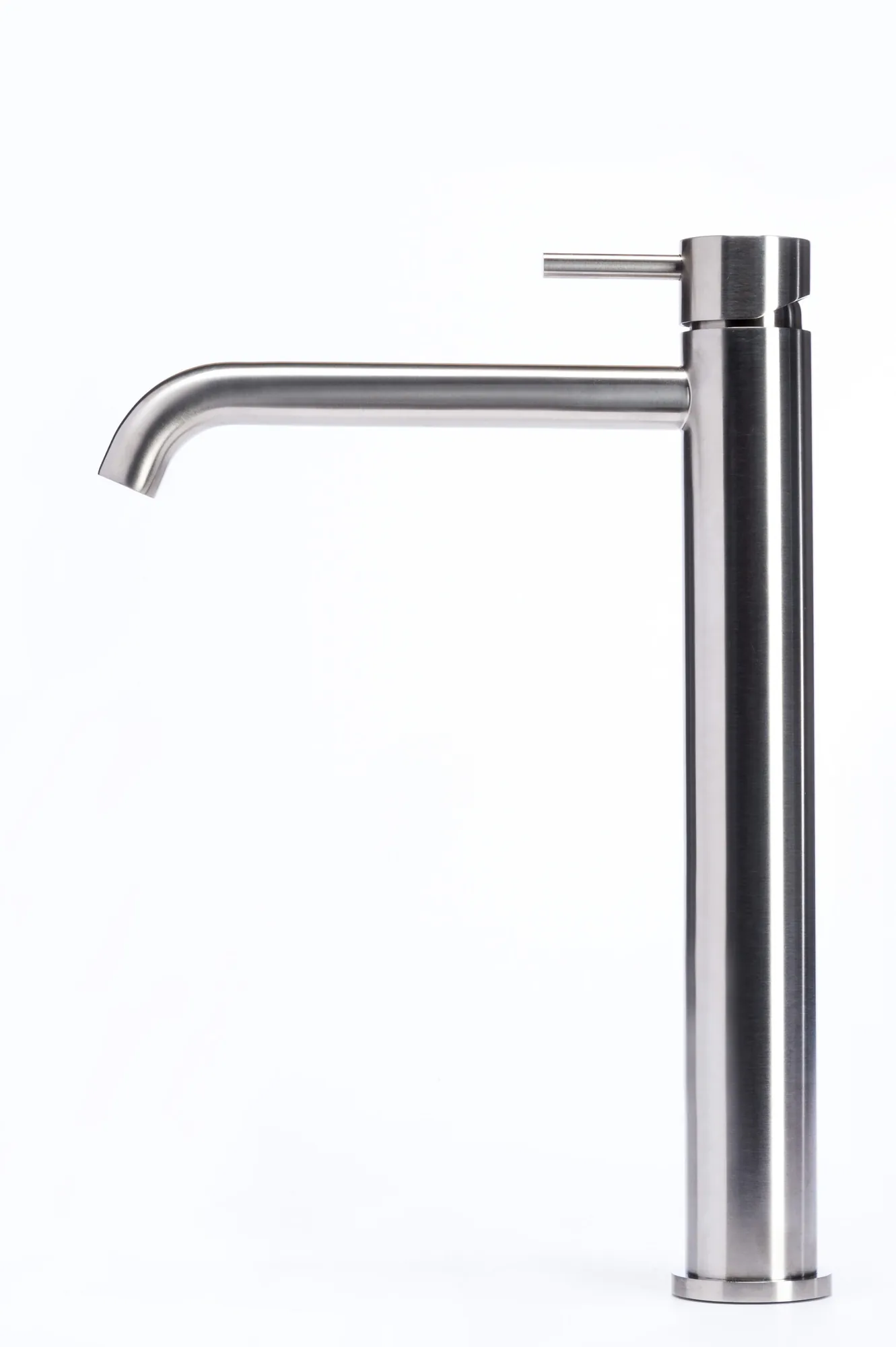Tall countertop basin mixer tap without waste in brushed stainless steel