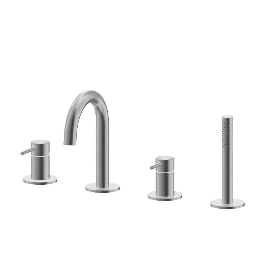 Complete bath-rim mixer set in brushed stainless steel