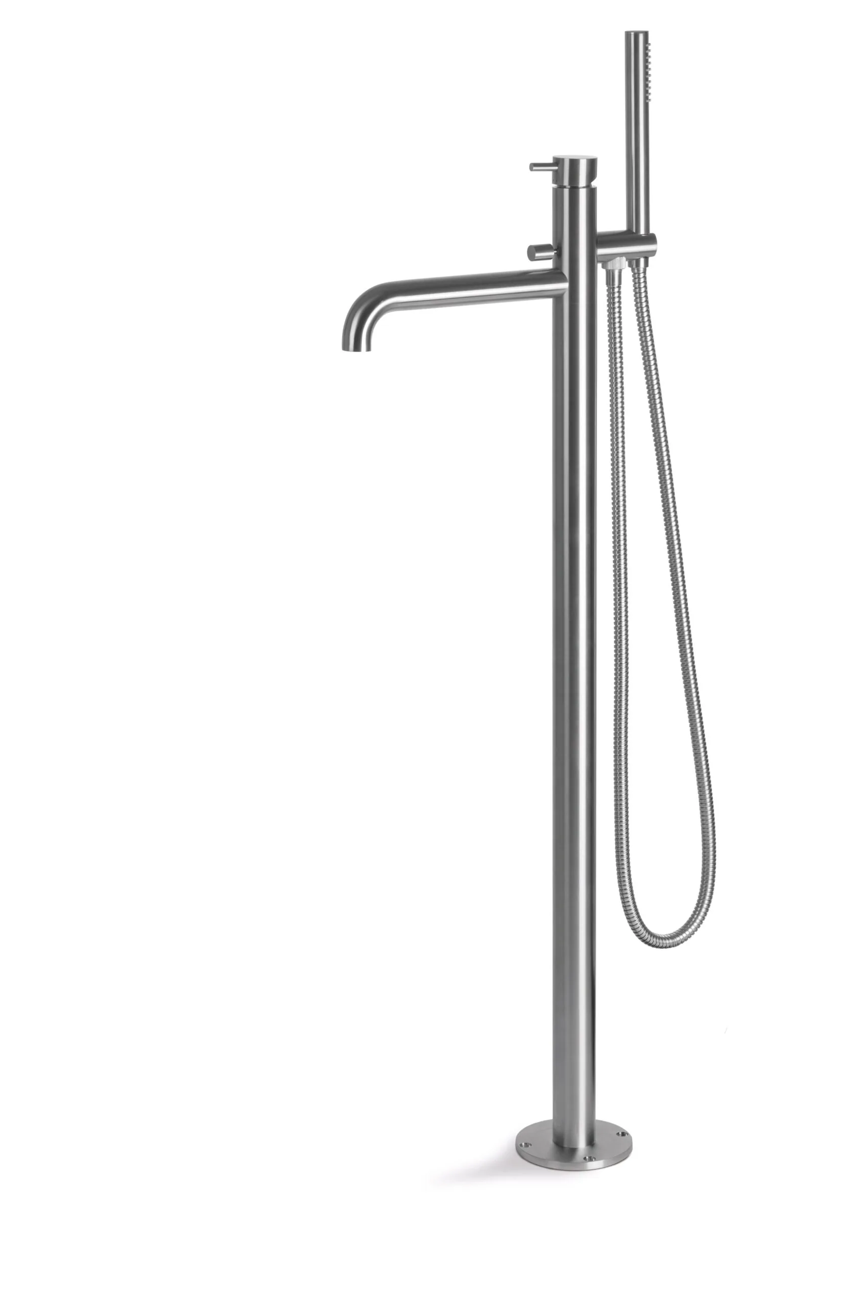 Freestanding mixer for bathtub in satin stainless steel