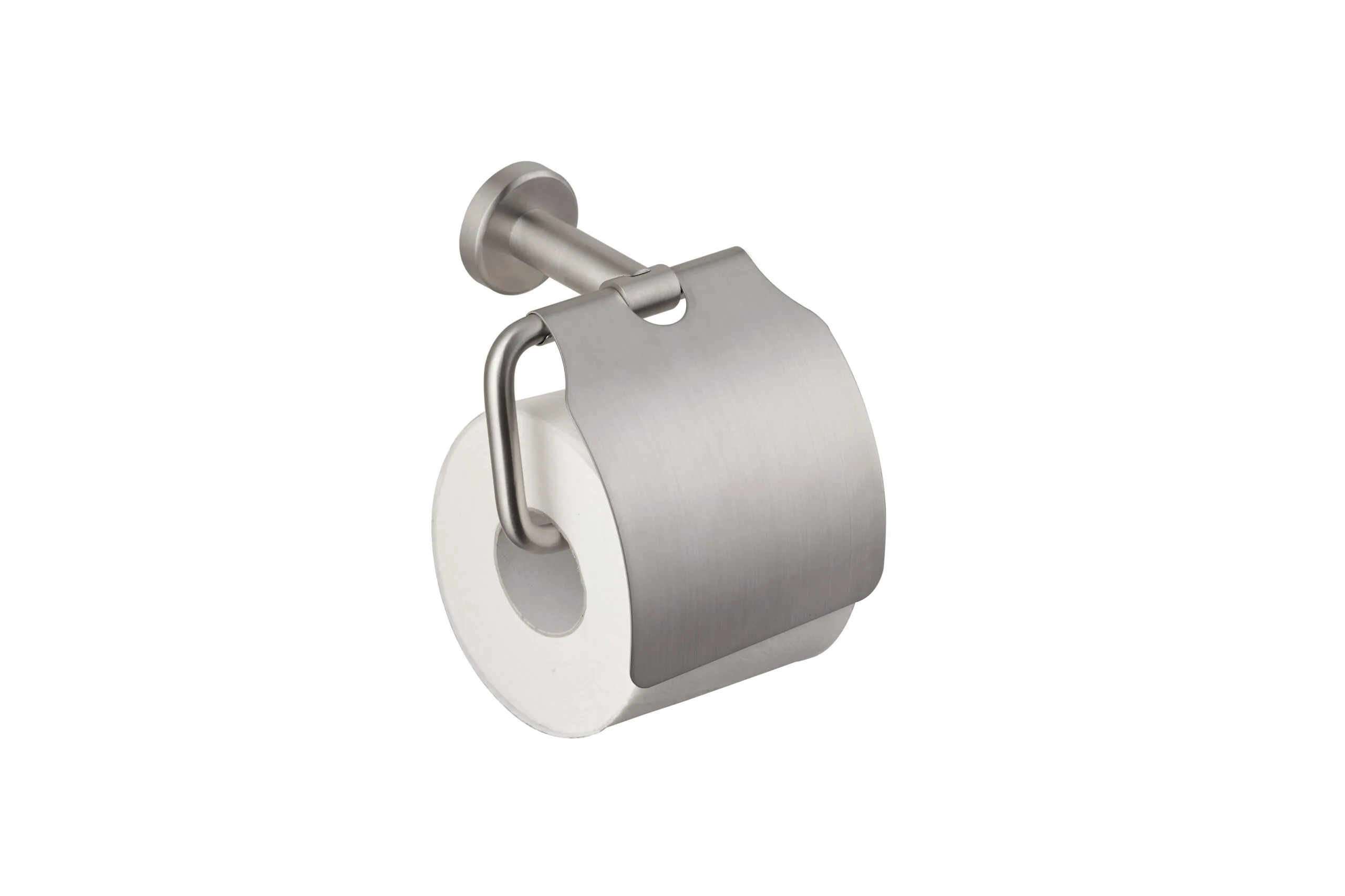 Wall-mounted roll holder with stainless steel lid.