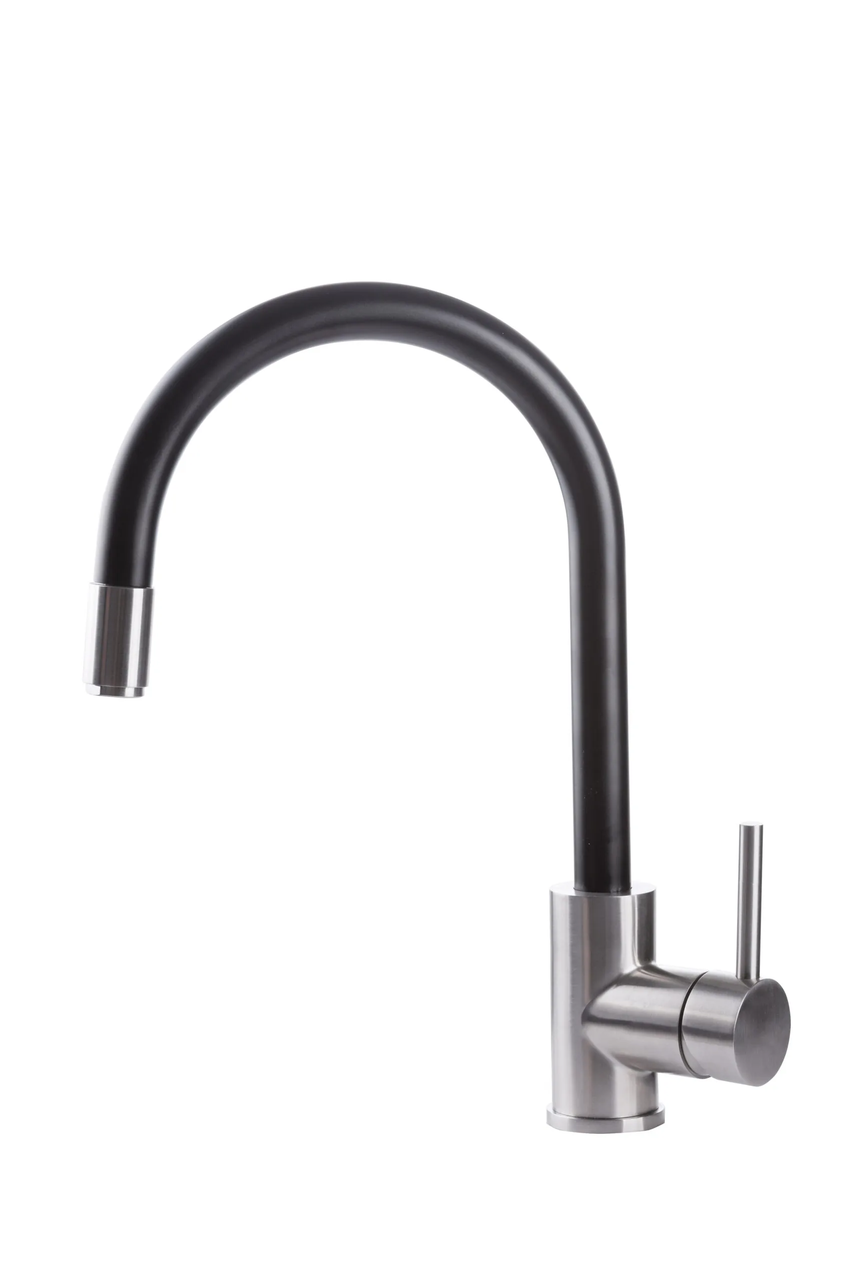 Stainless steel sink mixer with black round swivel spout