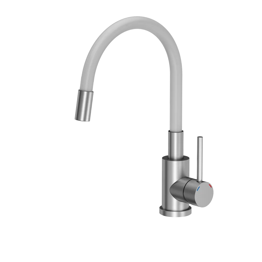 Kitchen sink mixer tap with white flexible spout