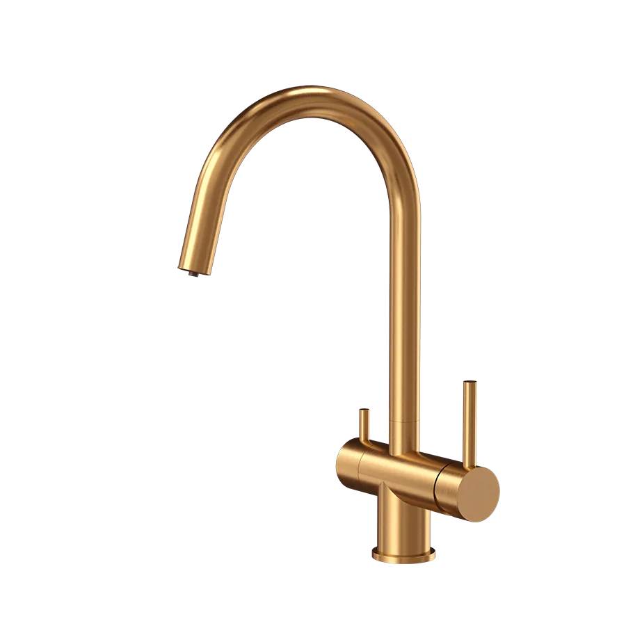3-way kitchen sink mixer tap with round spout in copper PVD
