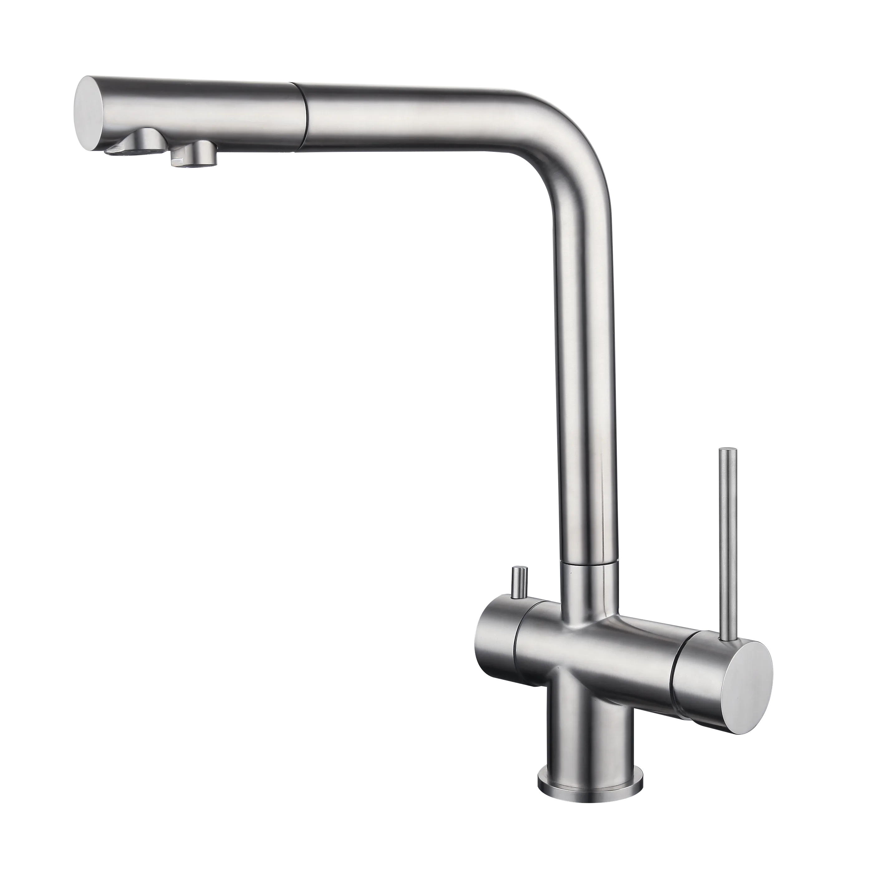 Three-way kitchen sink mixer with straight stainless steel barrel