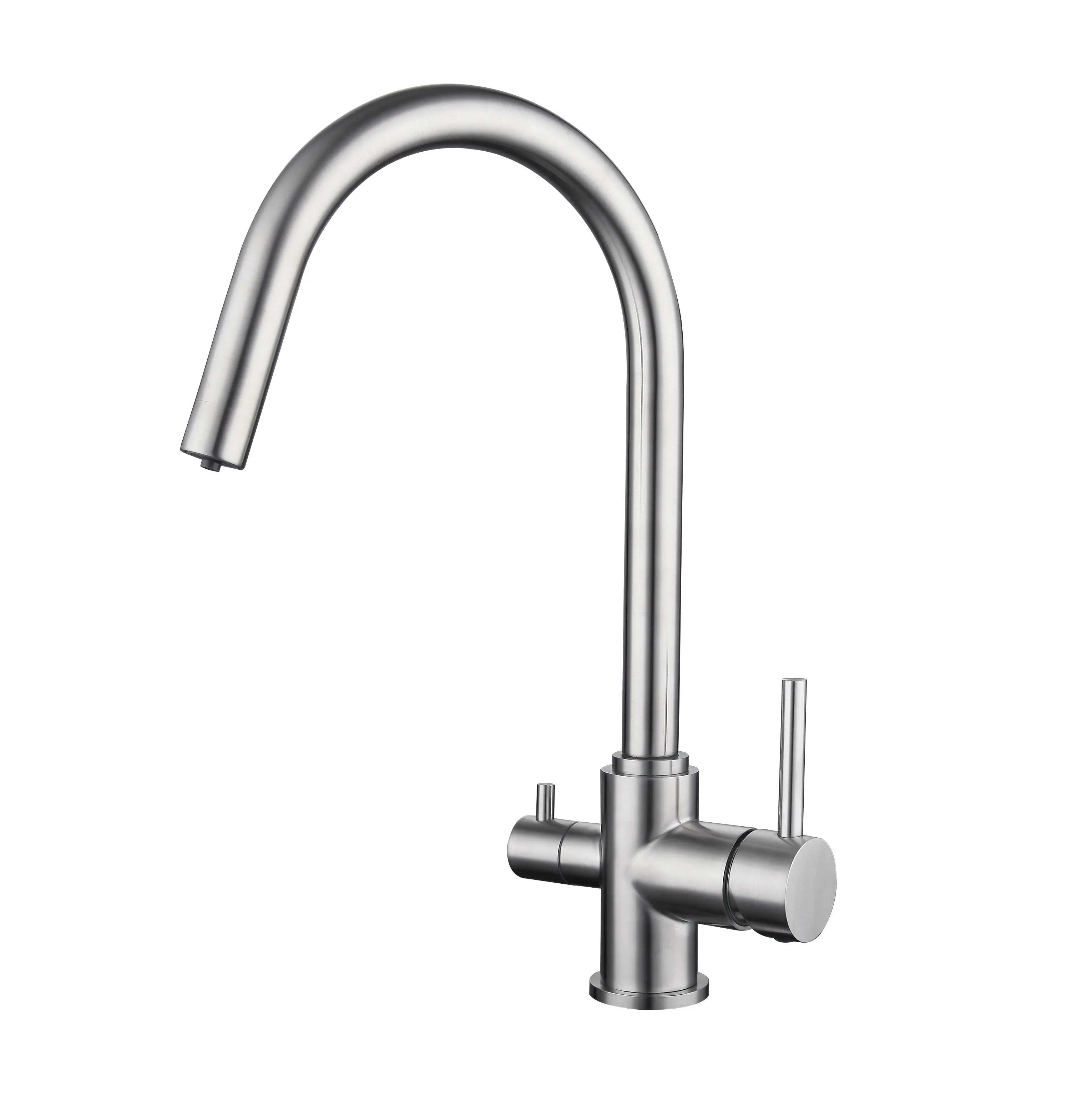 Three-way kitchen sink mixer with round stainless steel barrel