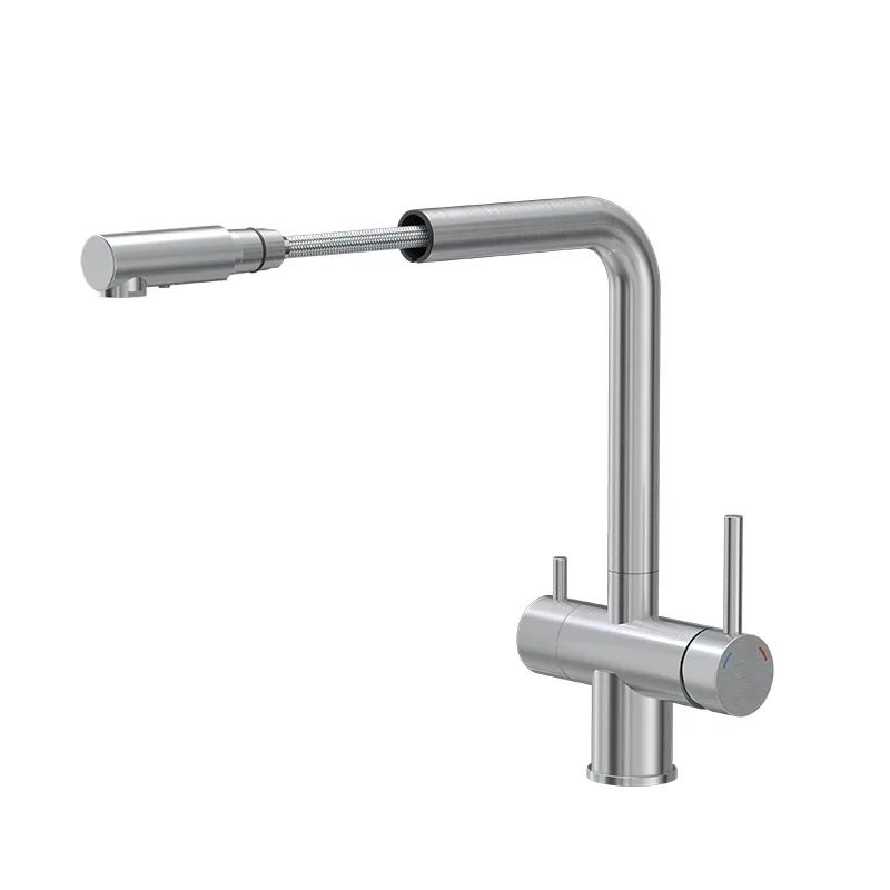 3-way kitchen sink mixer in stainless steel with pull-out spray