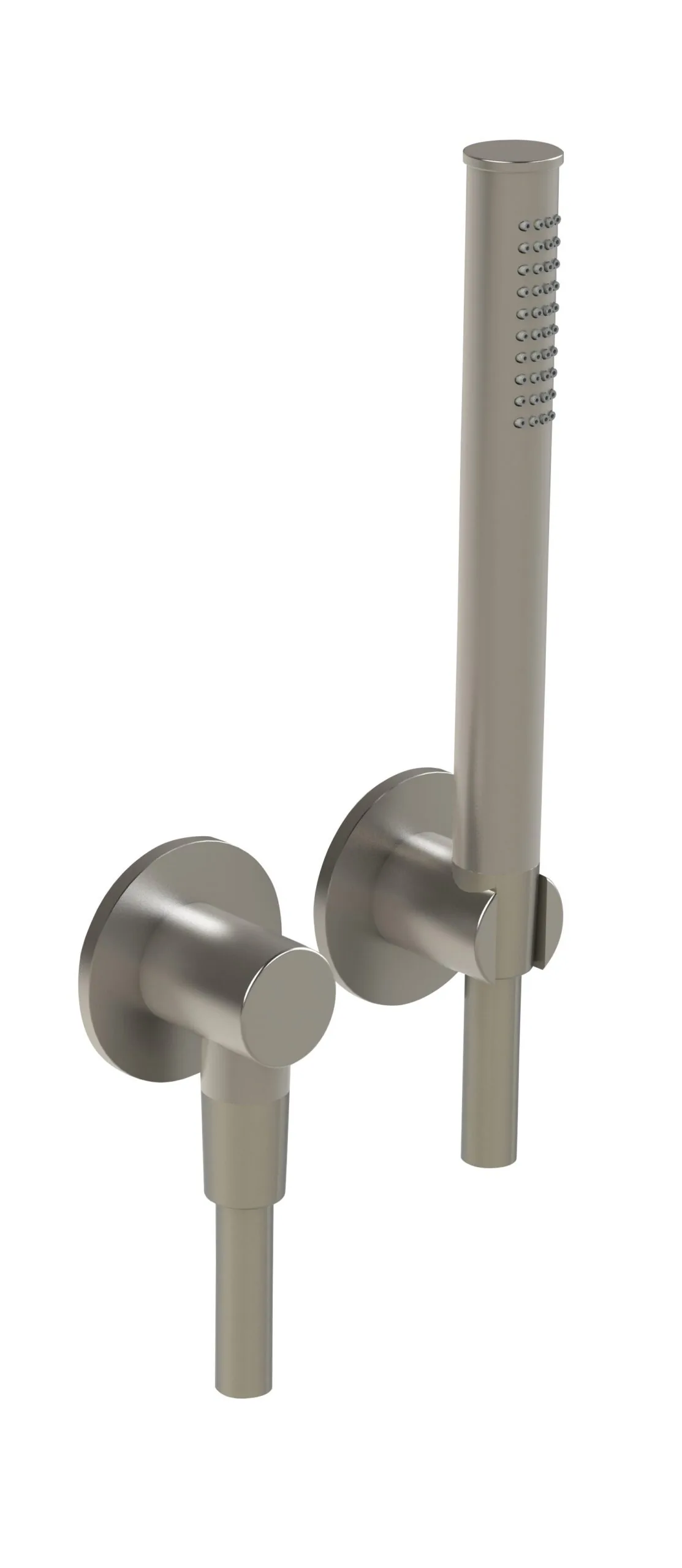 Shower set in 316L stainless steel, with hand shower with long flexible hose, water inlet and shower holder.