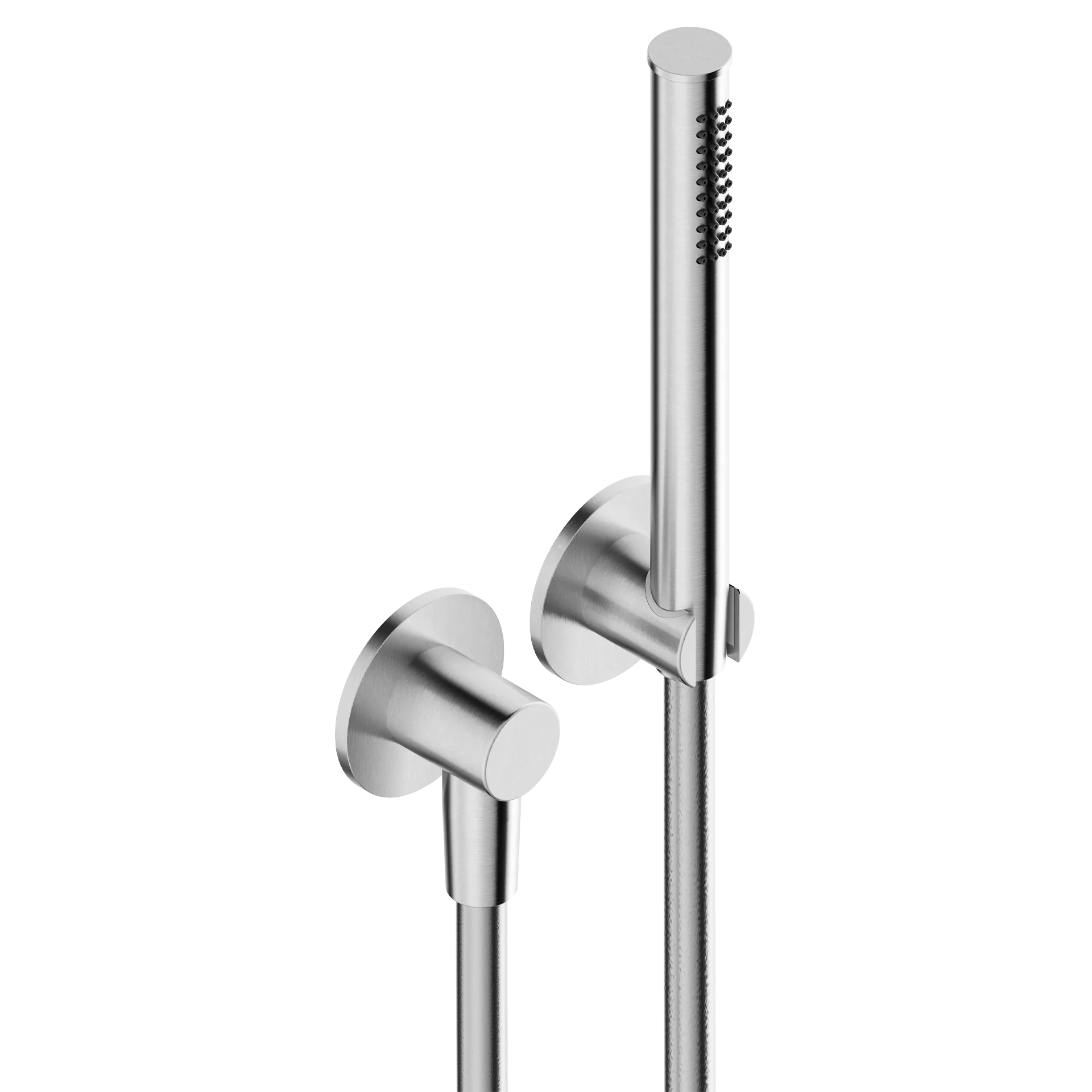 Shower set in 316L stainless steel, with hand shower with long flexible hose, water inlet and shower holder.