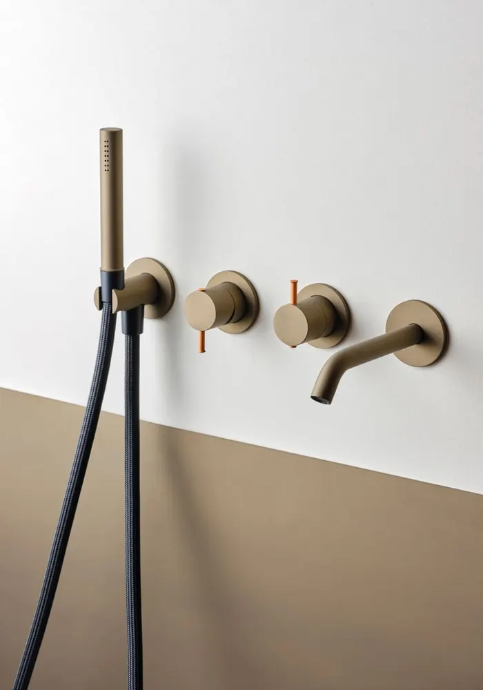 Fontea wall-mounted brushed steel shower controls and hand shower