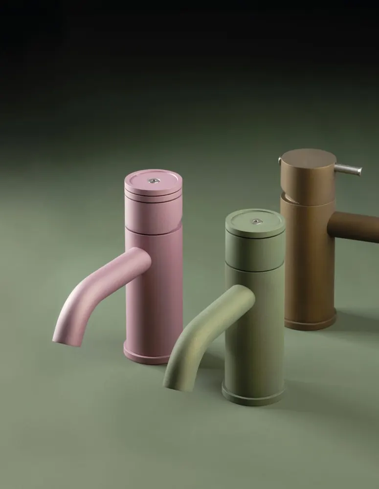 Three Fontea taps in light rose, calm green and golden yellow